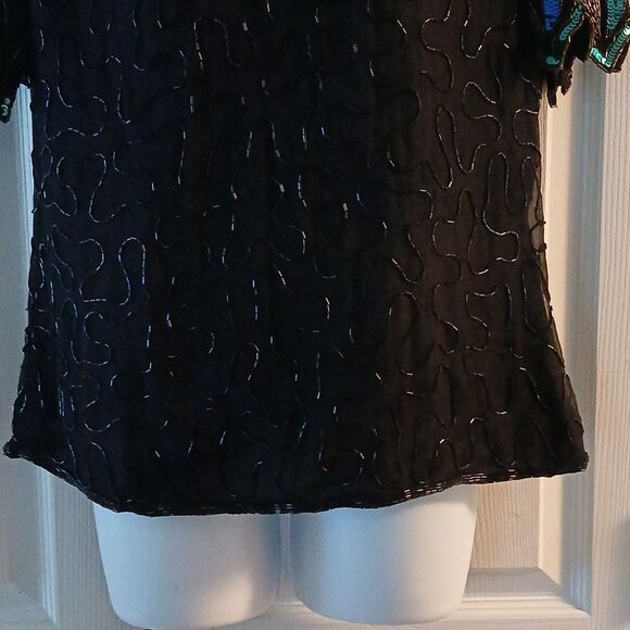 Denise Elle black  blue green beaded sequin vintage blouse  Sz PM - Picture 2 of 9